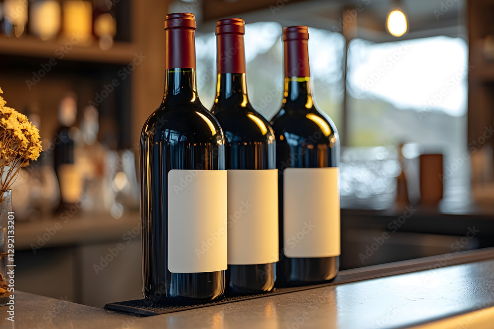 Poster blank labeled wine bottles arranged neatly on a stylish bar counter. generative ai.
