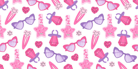 Trendy Y2K-inspired seamless pattern featuring pink accessories like heart-shaped sunglasses, star-shaped nail polish, hair clips, and shiny rings. Perfect for fashion, beauty, and retro 00s designs.
