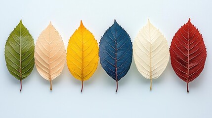 Colorful autumn leaves arranged on white background; seasonal change concept
