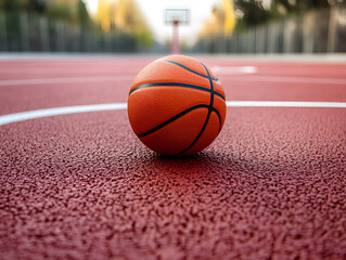 Basketball ball on the ground. Close-up ball on the red court.
