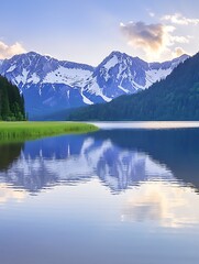 Mountain lake reflection serene sunrise