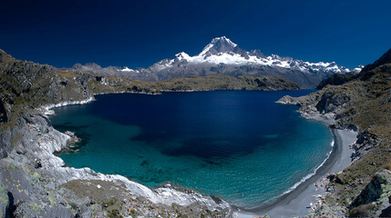 Obraz premium Andean lake, snow-capped mountain, clear sky, tranquil scene, travel postcard
