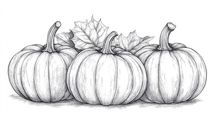 Pumpkin Illustration: Pumpkins monochrome hand-drawn illustration isolated on transparent background,