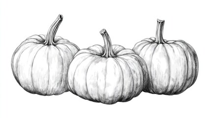 Pumpkin Illustration: Pumpkins monochrome hand-drawn illustration isolated on transparent background,