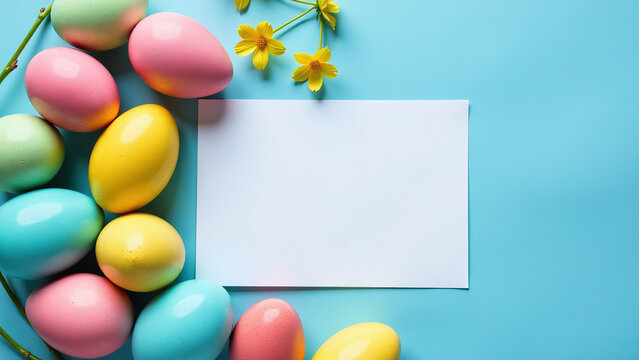 colored eggs arranged blue background blank card spring celebrations