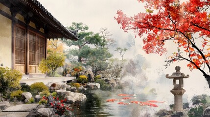 Obraz premium A Japanese garden with a house and a pond