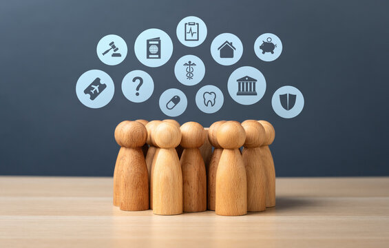 Figures of people and life things they are loaded with. Needs and desires. Emotional, material, and social needs in society. Consumerism