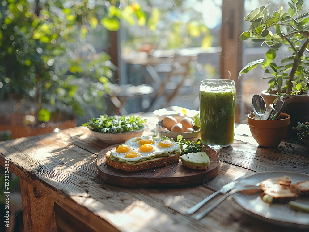 Poster avocado toast and fresh ingredients on a rustic wooden table by the window. generative ai.