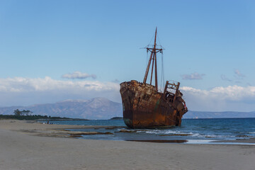 Abandoned stranded dimitrios shipwreck at the beach of Valtaki, Peloponnese, Greece