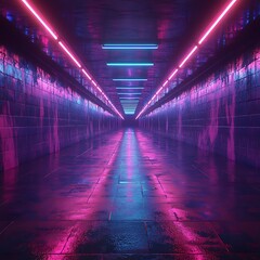 Neon tunnel, dark, futuristic alleyway, perspective, 3D render, background