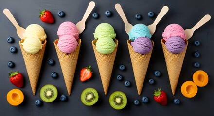 Five colorful ice cream cones with various flavors, surrounded by fresh fruits like strawberries, blueberries, and kiwi, on a dark background.