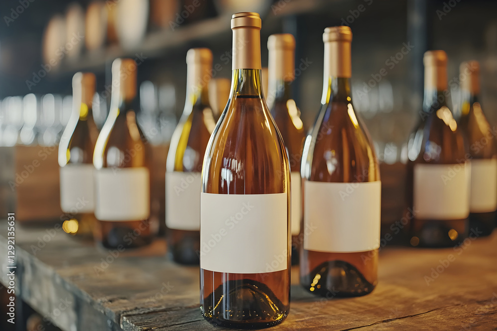 Poster close-up of assorted wine bottles arranged on a rustic wooden table. generative ai.
