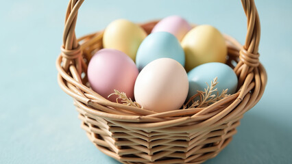 colorful easter eggs filled delicate wicker basket made woven willow branches soft pastel
