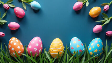Fototapeta premium colorful easter eggs dark blue background make happy easter greeting card plenty visual