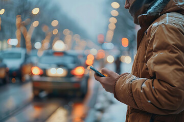 Man holding smartphone, waiting for taxi on city street, showcasing convenience of ride share services.