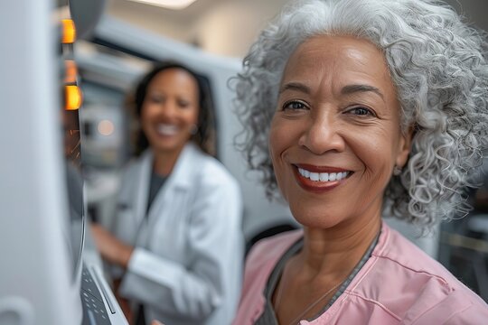 Close-up shot of senior woman smiling as she undergoes a mammography scan at the hospital, with a medical technician assisting her. This photo captures the importance of regular screenings