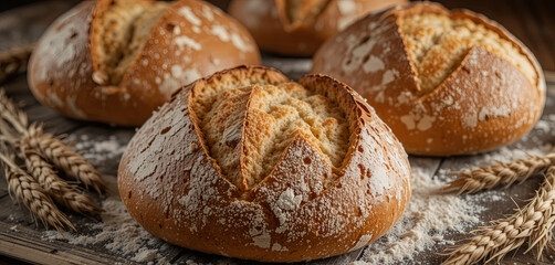 Four round artisanal bread loaves are placed on a wooden surface, surrounded by wheat stalks, showcasing their golden crust and flour dusting