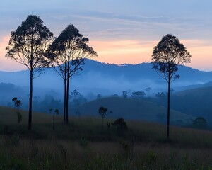 Misty Sunrise over Hills, Trees Silhouettes