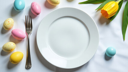 colorful easter theme features plate fork decorated eggs clean white tablecloth festive