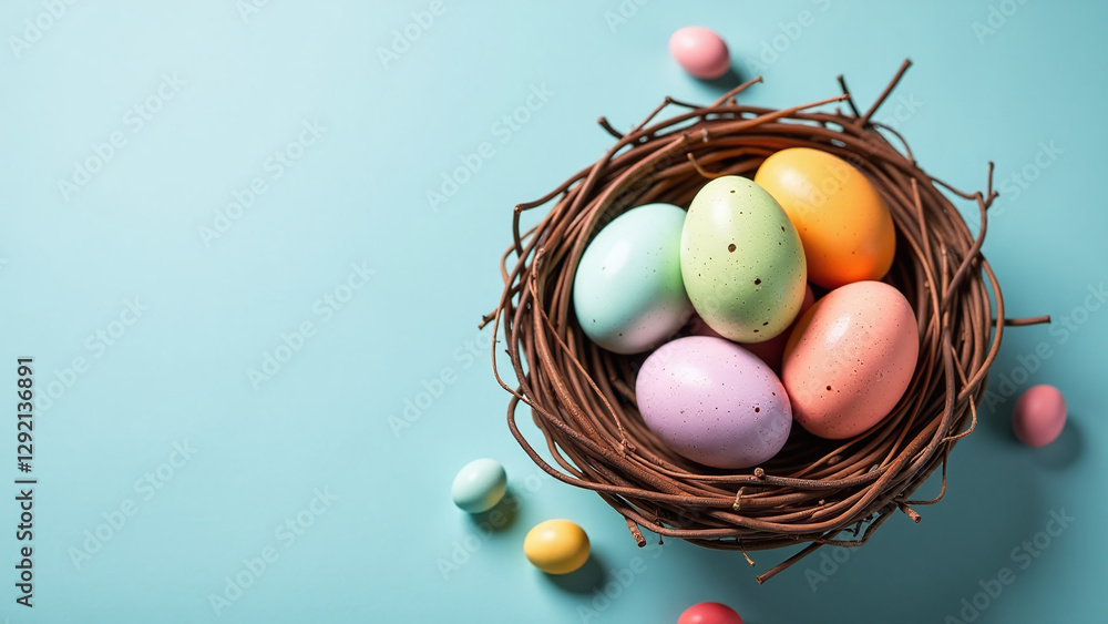 Poster colorful eggs nest create visually appealing easter flat lay arrangement table shelf display