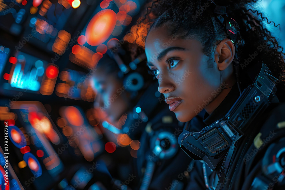 Poster futuristic, tech-inspired photoshoot featuring models interacting with various digital devices and t