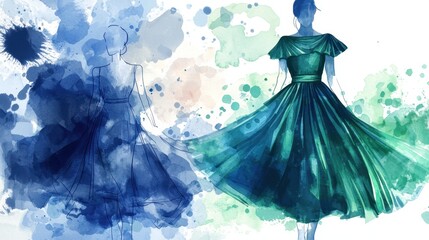 Obraz premium A woman in a green dress is shown in a painting with a blue background