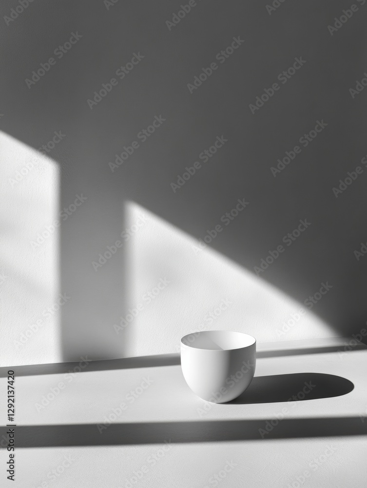 Aufkleber Simple white bowl casting a shadow on a minimalist surface illuminated by soft natural light in a serene environment. Generative AI