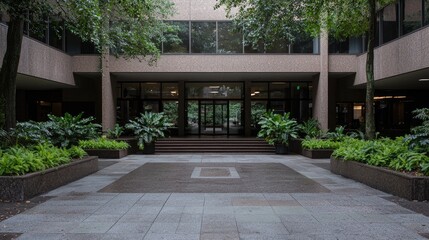 Office courtyard entrance, greenery, modern building. Possible stock use Interior view