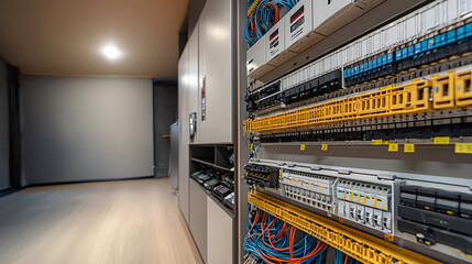 Utility room featuring a complex electrical panel and organized wiring system. Generative AI