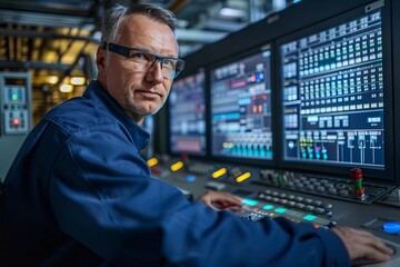 Man in factory control room monitoring production line using advanced digital technology and SCADA system.