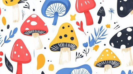 Naklejka premium Lovely hand drawn mushrooms, seamless pattern, colorful, magical background, great for textiles, wrapping, wallpapers - vector design