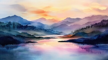 A painting of a mountain range with a lake in the foreground