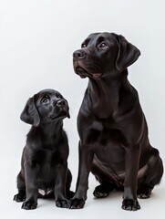 Fototapeta premium Black Labrador Retriever Puppy Sitting with Adult Dog on White Background, perfect for dog product promo 