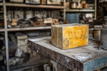 Forgotten package resting on a dusty warehouse table in a storage area. Generative AI