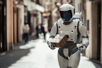 Fototapeta premium Futuristic robotic courier delivers package in bustling urban setting. Generative AI