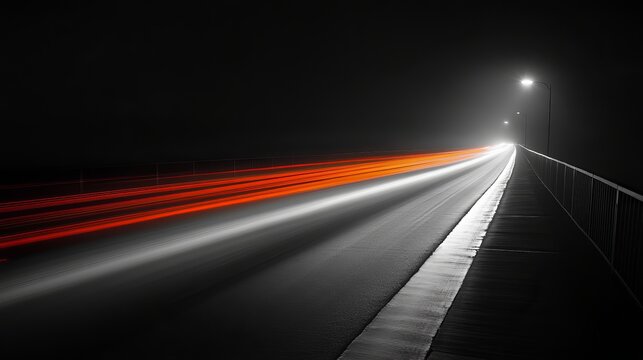 Night Highway Dramatic Red Light Trails Long Exposure Photography Stunning Black and White Road Scene Vibrant Orange Speed Motion Blur Nighttime Drive