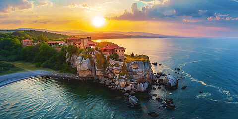 Golden Sunrise Illuminating a Cliffside Landmark and Lush Greenery
