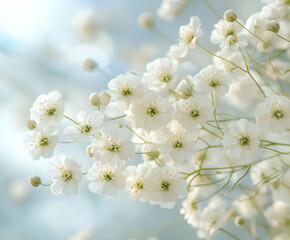 Beautiful blooming white gypsophila flowers with light natural background macro