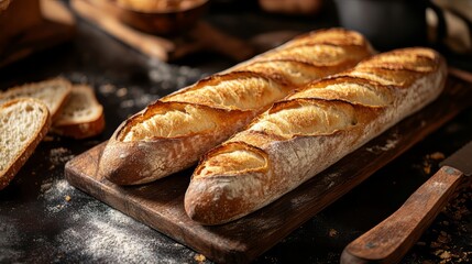 Crusty Artisan Baguettes on Rustic Wooden Board