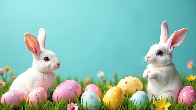 easter brings joy cute bunnies colorful eggs beautiful turquoise background filled tasty sweet