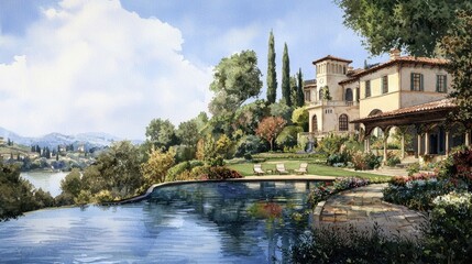 Fototapeta premium A painting of a house with a pool and a large tree in front of it