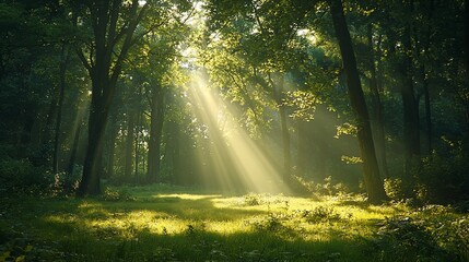 Sunbeams illuminate a tranquil forest scene.