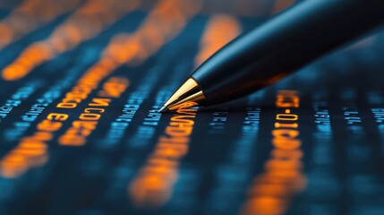 A close-up of a pen tip on a screen displaying orange alphanumeric code, symbolizing technology and data analysis