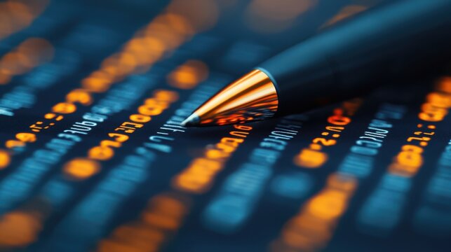 A close-up of a pen tip on a screen displaying orange alphanumeric code, symbolizing technology and data analysis