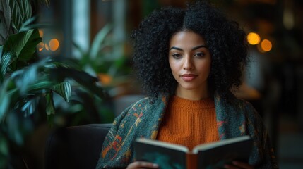 Reading Serenity: A beautiful woman with curly hair is absorbed in a book, surrounded by the soft glow of indoor light and leafy plants, a tranquil scene of quiet enjoyment.