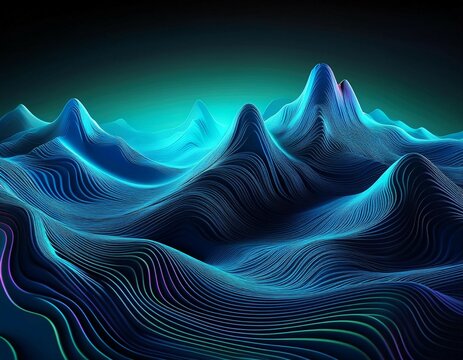 a 3d topographic background with a neon glow effect transitioning from indigo to cyan outlining a mysterious mountain range