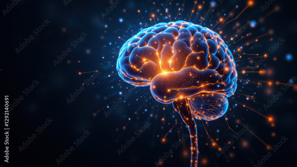 Poster 3d rendering of a human brain with vibrant colors illustrating artificial intelligence concepts.