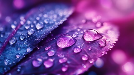 Vibrant Purple Leaf Dew Drops Macro Photography Stunning Nature Closeup Image Beautiful Water Droplets on Plant Leaf Detailed Texture Rich Colors     