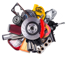 Various car automotive spare parts are arranged in an artistic display behin sport disc brake with red caliper, isolated  white background. Car service and maintenance concept