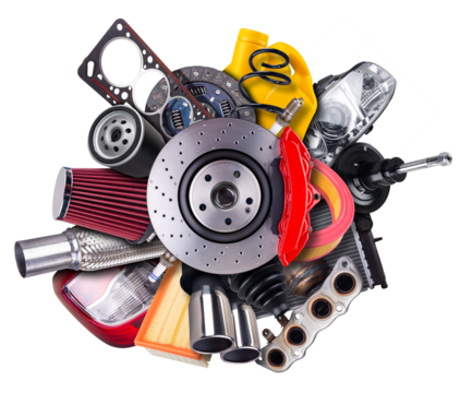 Various car automotive spare parts are arranged in an artistic display behin sport disc brake with red caliper, isolated  white background. Car service and maintenance concept